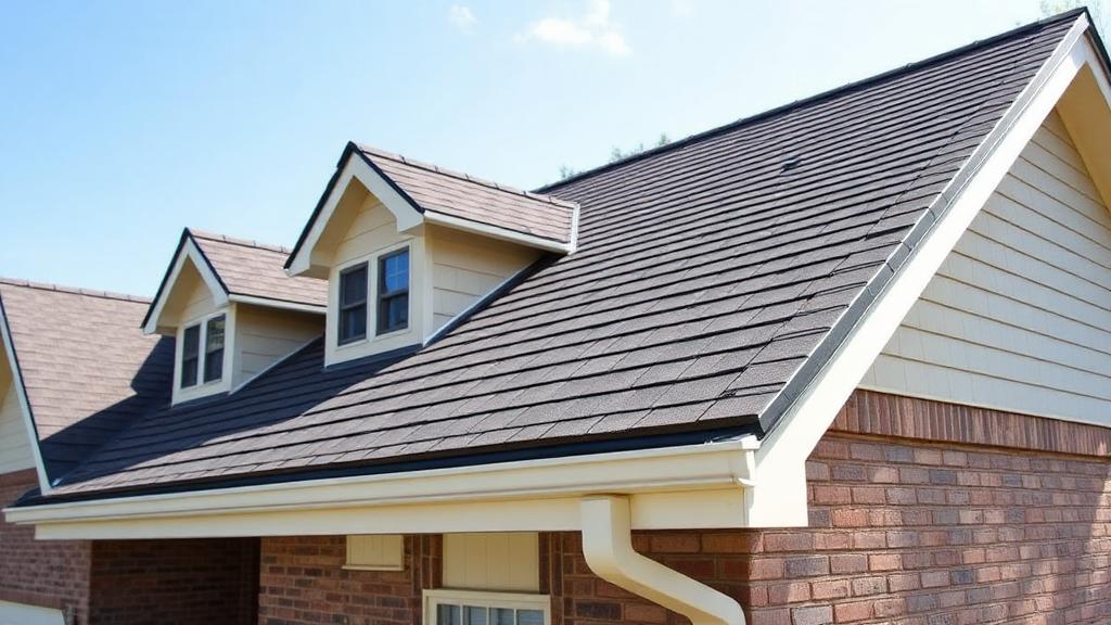 Beautiful completed residential roof with new shingles and clean gutters in Dallas area