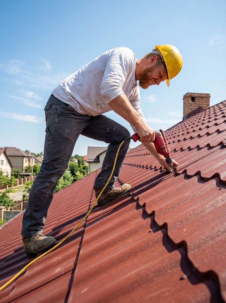 Metal roof installation in Preston Hollow with workers fastening panels on a steep slope using power tools.