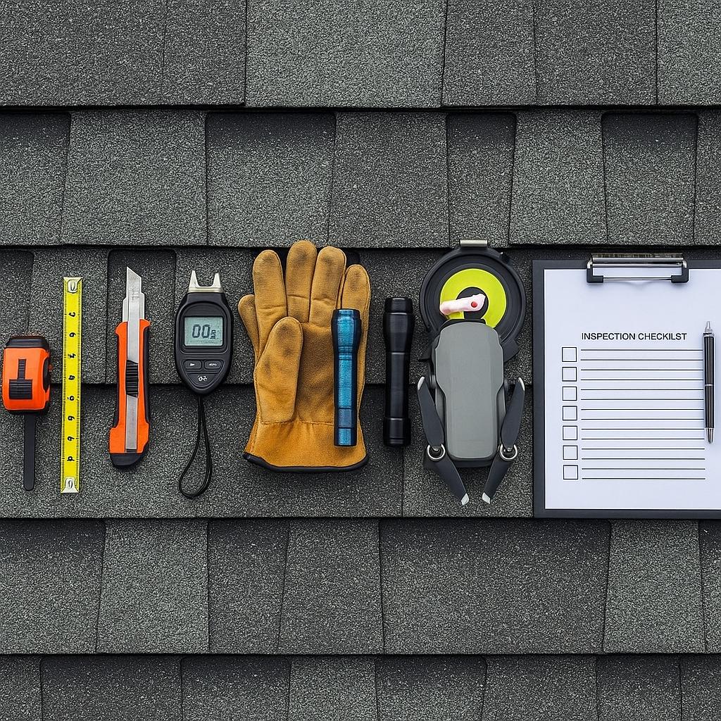 Roof inspection tools laid out on asphalt shingles in Farmers Branch TX, including gloves, measuring tape, moisture meter, flashlight, drone, and inspection checklist.