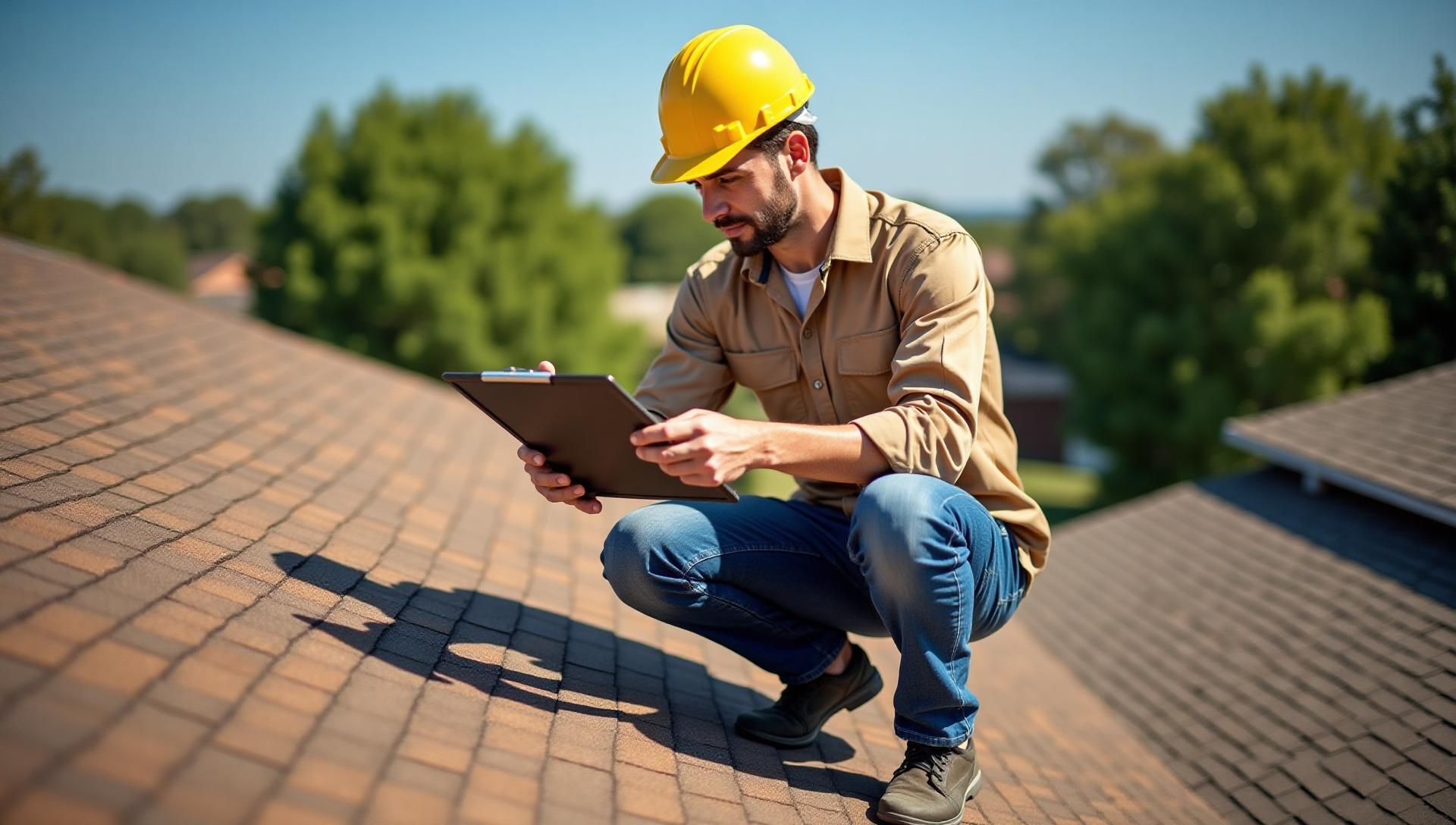 Professional roof inspector examining residential roof in Dallas