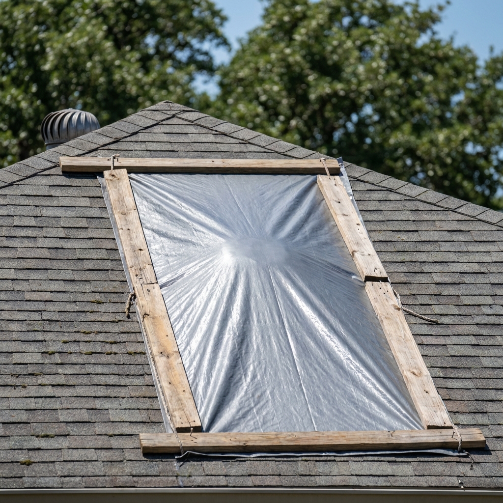 Gray tarp on asphalt shingled roof to protect it before an emergency roof repair