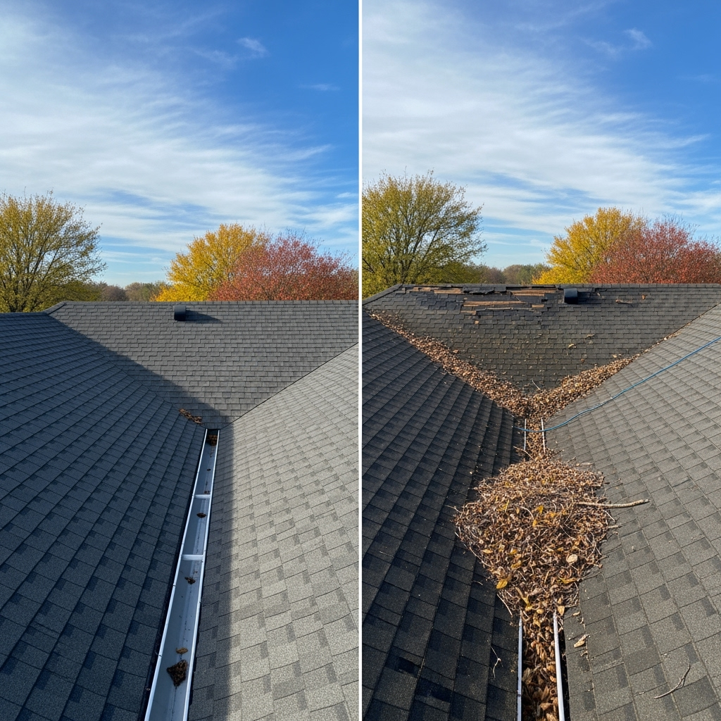 Split screen photo of a Preston Hollow shingle roof before and after cleaning, showing one side with heavy leaf buildup and clogged gutters, and the other side freshly cleaned and well-maintained