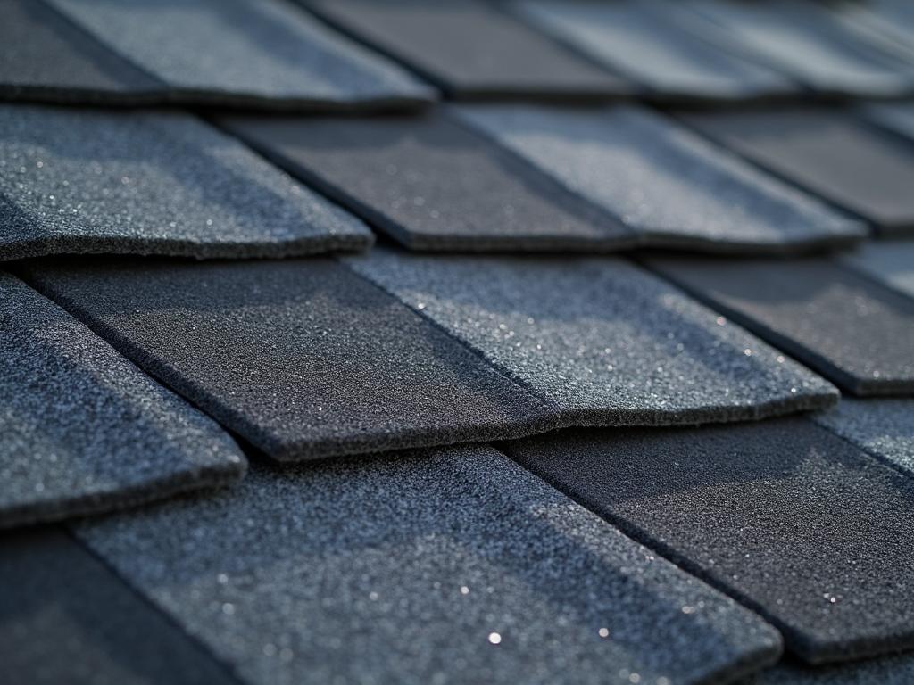Close-up of 3-tab asphalt shingles showing flat uniform texture and single layer construction