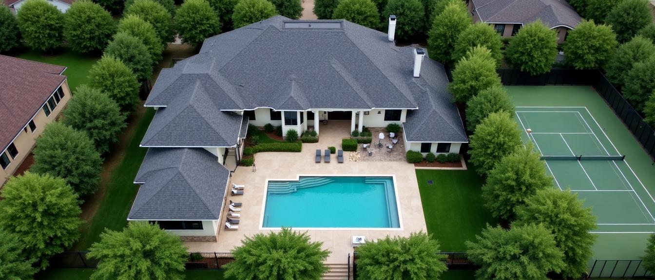 Aerial view of a luxury home in Dallas, Texas with a newly installed shingle roof, swimming pool, and tennis court, showcasing professional residential roofing work