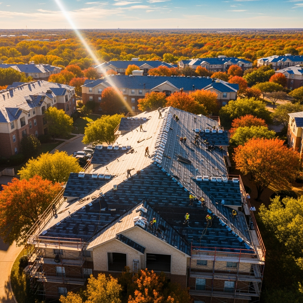 Aerial view of a large apartment complex in Irving, Texas with roofing crews installing new shingles, surrounded by colorful autumn trees