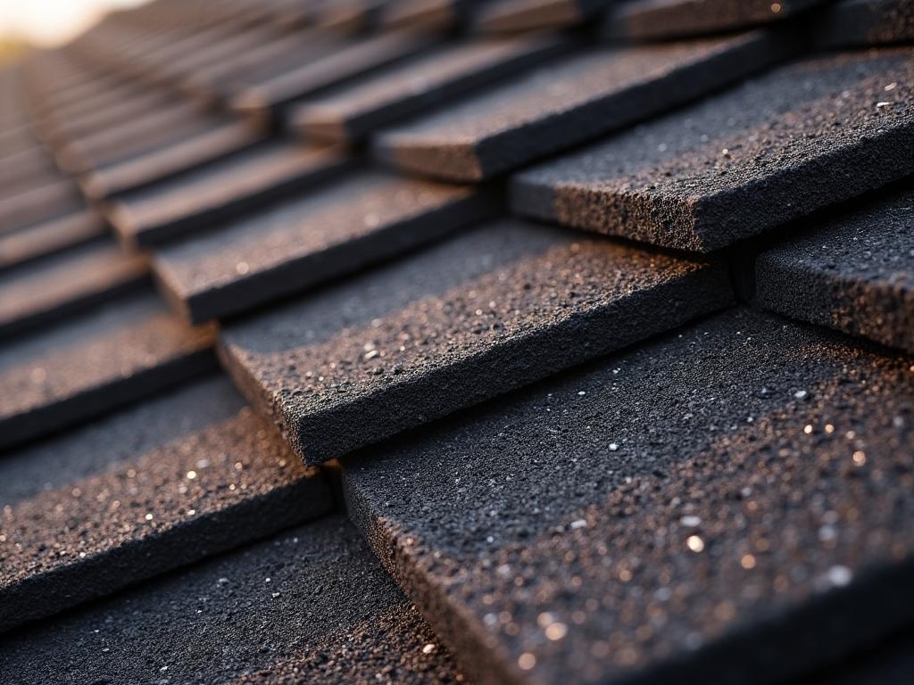 Close-up of architectural dimensional shingles showing thick multi-layered texture with shadow lines
