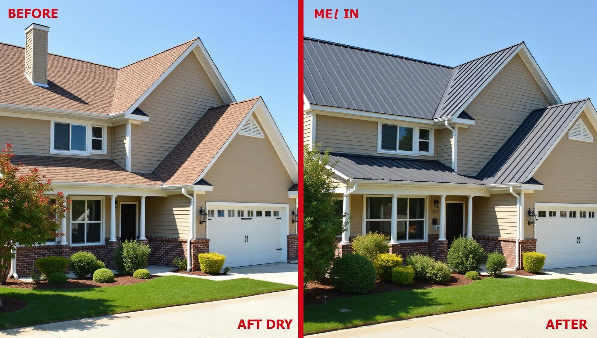 Side-by-side comparison of two Dallas homes - one with traditional asphalt shingle roof and another with modern standing seam metal roof, showing the aesthetic and performance differences