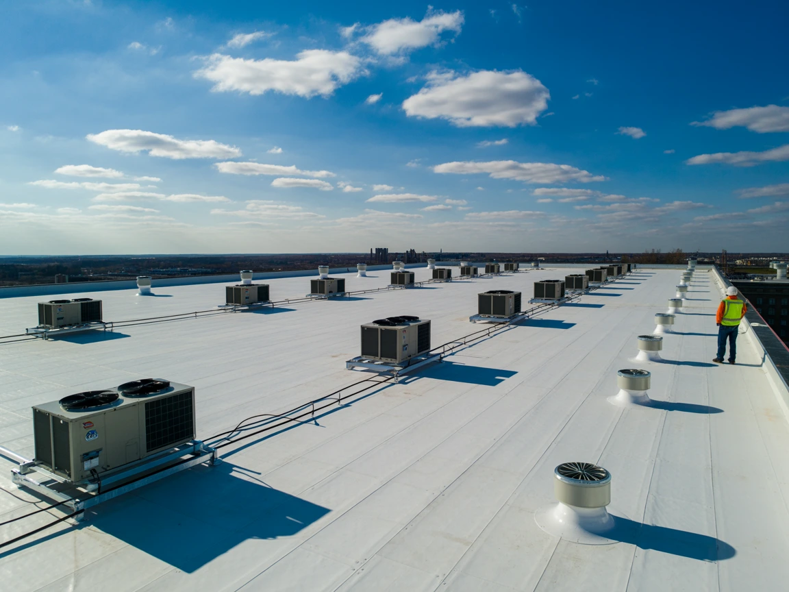 Completed GAF TPO commercial flat roofing installation in Carrollton, Texas featuring a durable white membrane system with rooftop HVAC units and a professional roofing technician inspecting the finished flat roof under clear skies.