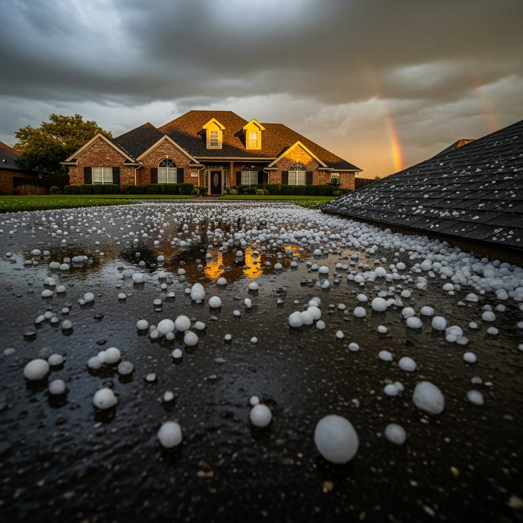 Large hailstones scattered across a roof in Preston Hollow, Dallas, with a brick home and rainbow in the background, showing storm and hail damage risk to shingles