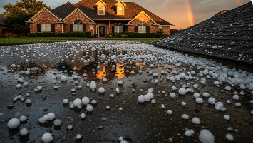 North Texas home after hailstorm showing hail damage on ground and roof, demonstrating the severe weather challenges property owners face with rising insurance deductibles