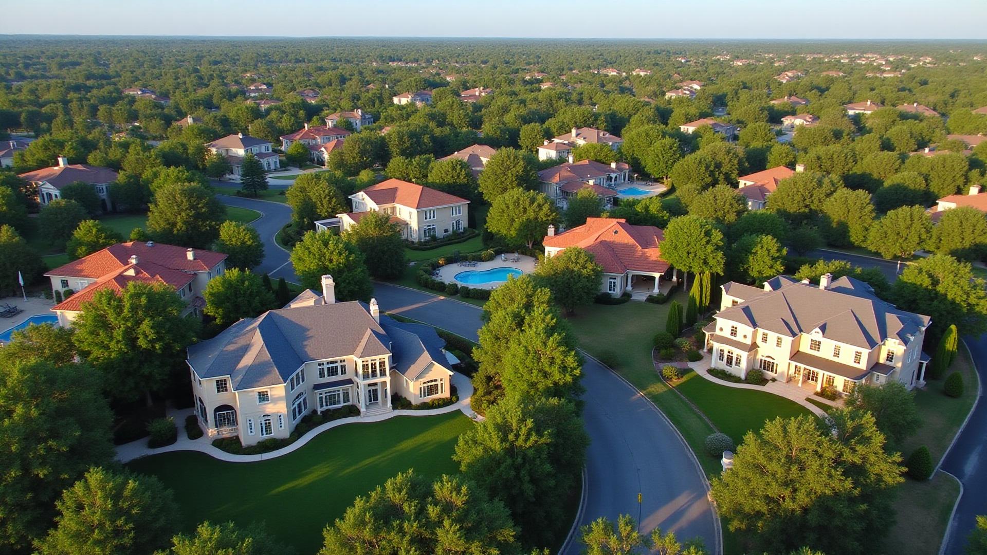 Aerial view of luxury estate homes in Preston Hollow Dallas Texas showing premium residential roofing installations including slate tile and architectural shingle roofs on large properties with mature trees